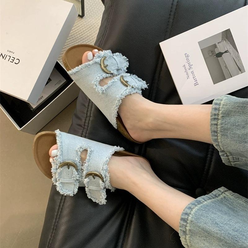 Лето 2025 Новая мода Джинсовые повседневные пляжные туфли на толстой подошве с открытыми пальцами и ремешком с пряжкой, шлепанцы в корейском стиле для женщин