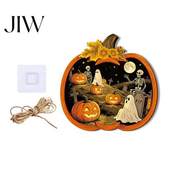 Creepy Aesthetic Wall Hanging Halloween Wooden Pumpkin Sign, LED Light Up Ghost Spooky Party Ornament Sign for Indoor Outdoor Holiday Decor