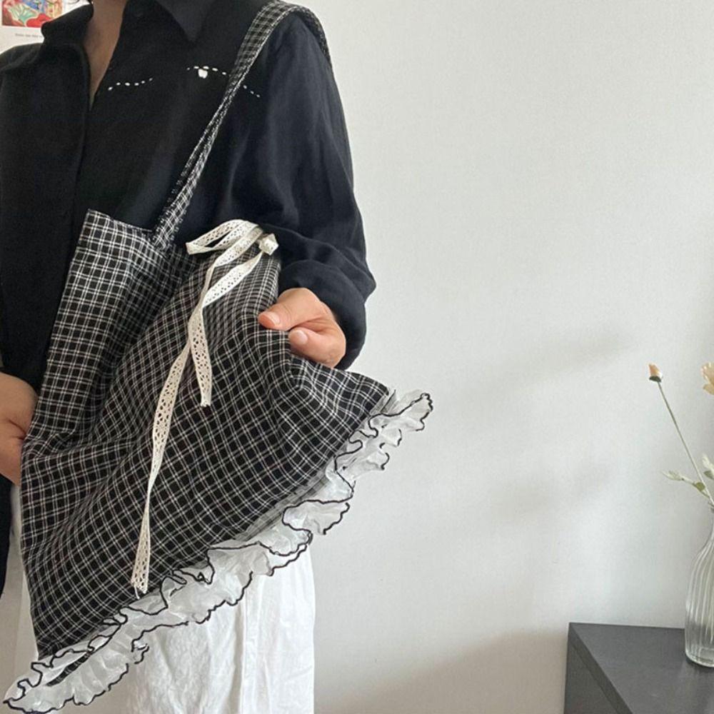 Polka Dot Bow Shoulder Bag Large Capacity Plaid Shoulder Bag Ruffle Lace Canvas Bag  Outdoor