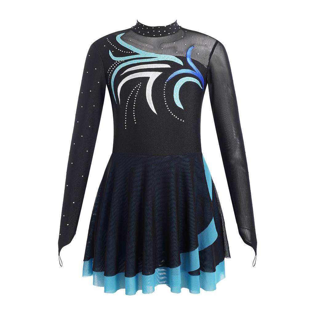 Платье для фигурного катания для девочек с блестящими стразами, прозрачной сеткой и пэчворком, с длинным рукавом для танцевальных выступлений