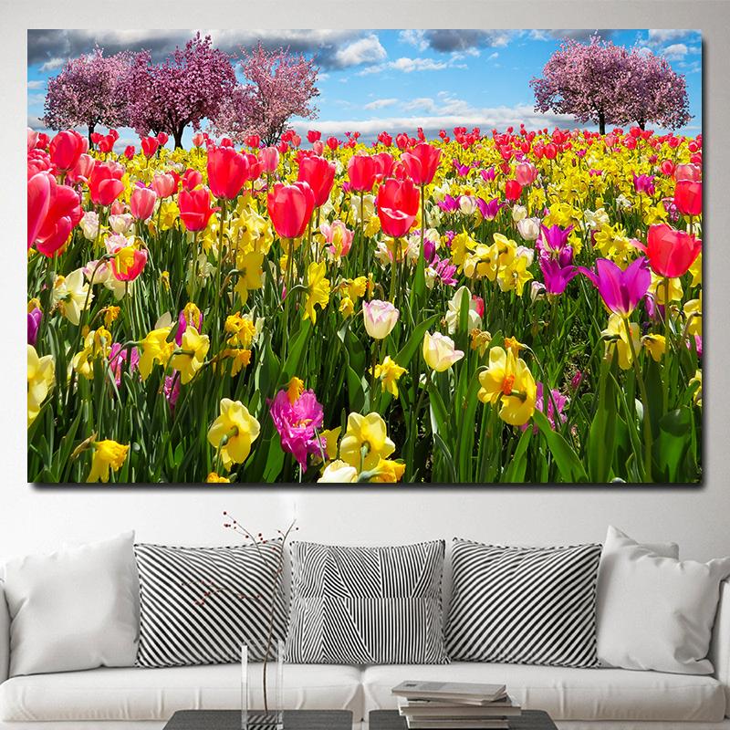 Красные поля тюльпанов, настенные картины, холст, живопись, цветочные полевые постеры и принты, цветочный пейзаж, настенное искусство для декора гостиной