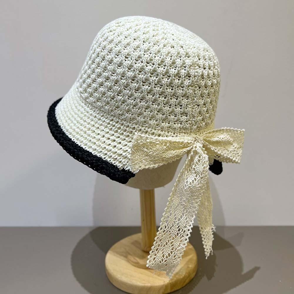 Temperament Knitted Bucket Hat Hollow Out French Style Bow Fisherman Hat Breathable Solid Color Sun Protection Cap Outdoor