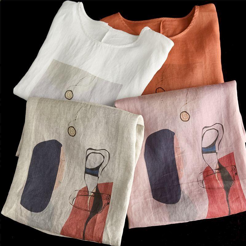 Хлопковые и льняные футболки, женская модная винтажная футболка с художественным принтом, повседневные свободные топы с круглым вырезом и короткими рукавами, летняя трендовая тонкая футболка