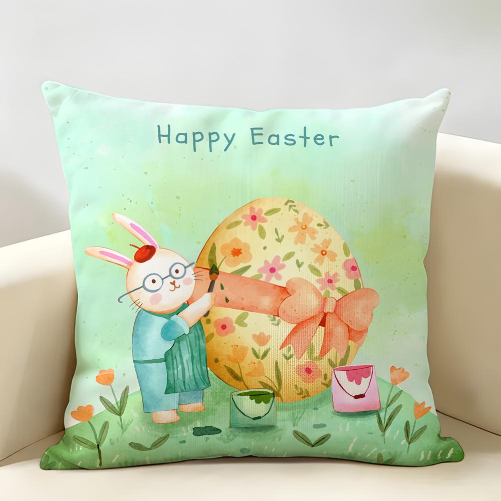 Happy Easter Rabbit Cute Cushion Cover Natural Linen Organic Fabric DoubleSided Printing Room Sofa Decor Pillow Case
