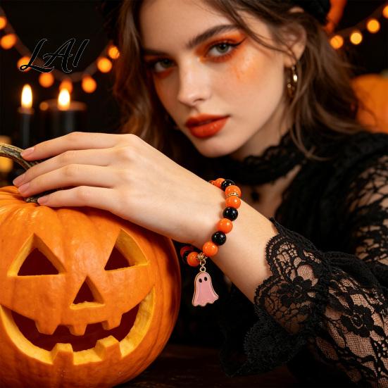 Elastic Bead Jewelry Halloween Beaded Bracelet for Women Orange Black Beads Stretch Festive Stackable Bangles with Ghost Charm Holiday Accessory