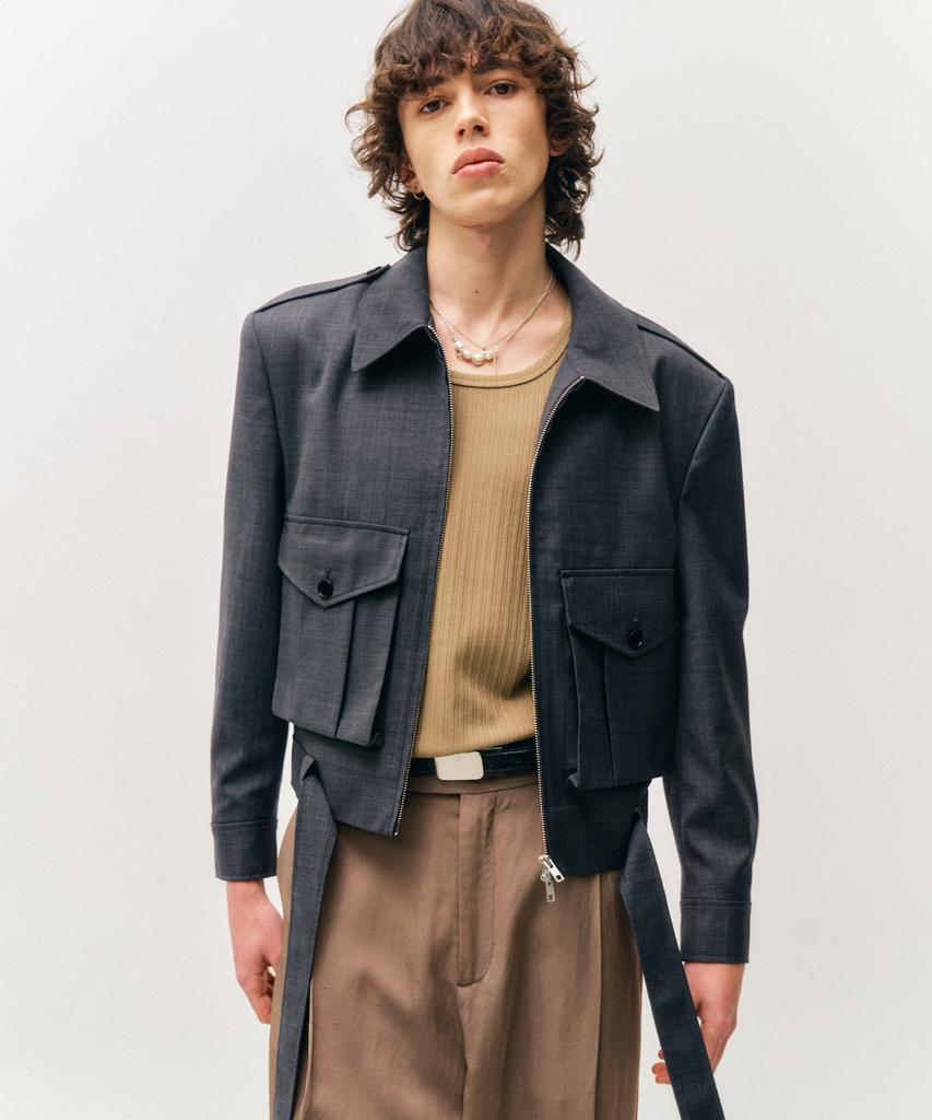 Noirer Wool Field Pocket Belted Crop Jacket (Grey)