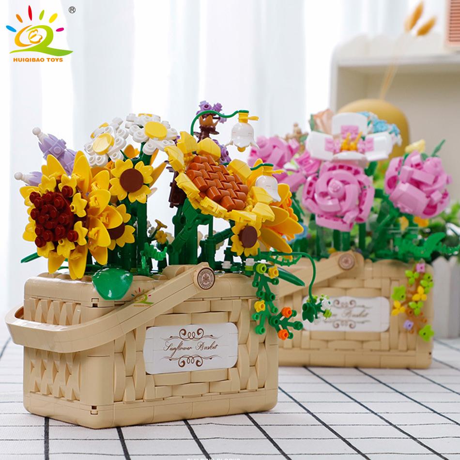 Flower Rose Sunflower Potted Mini Building Blocks 3D Bouquet Model MOC Micro Bricks Children Construction Toys Friend