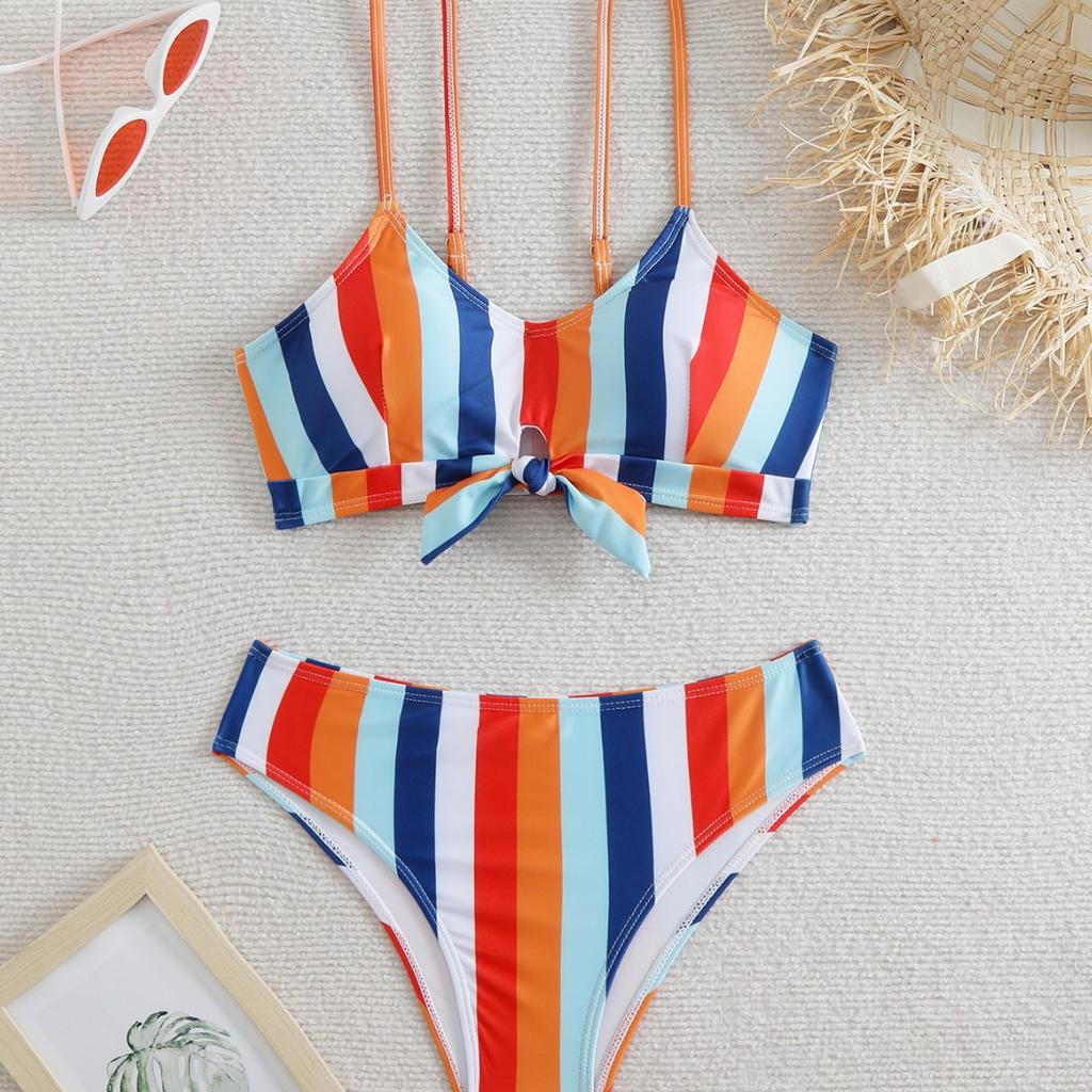New European and American swimsuit sexy tight striped high elastic shoulder strap women's split swimsuit set