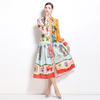 Spring Autumn Women Brand Designer Print Runway Dress Turn-down Collar Shirt Party Dresses With Belt