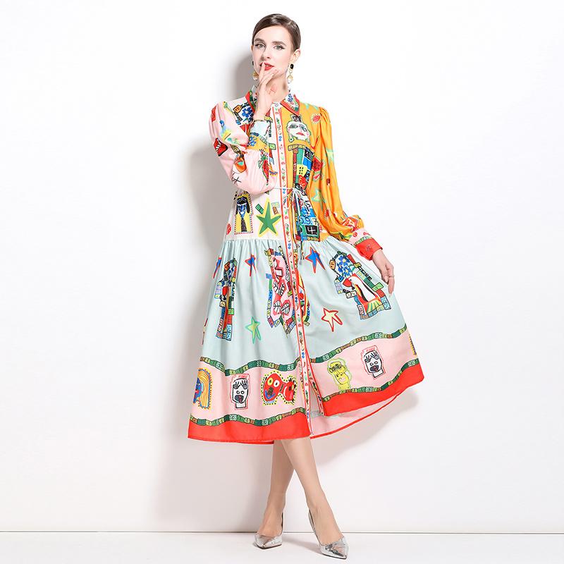Spring Autumn Women Brand Designer Print Runway Dress Turn-down Collar Shirt Party Dresses With Belt