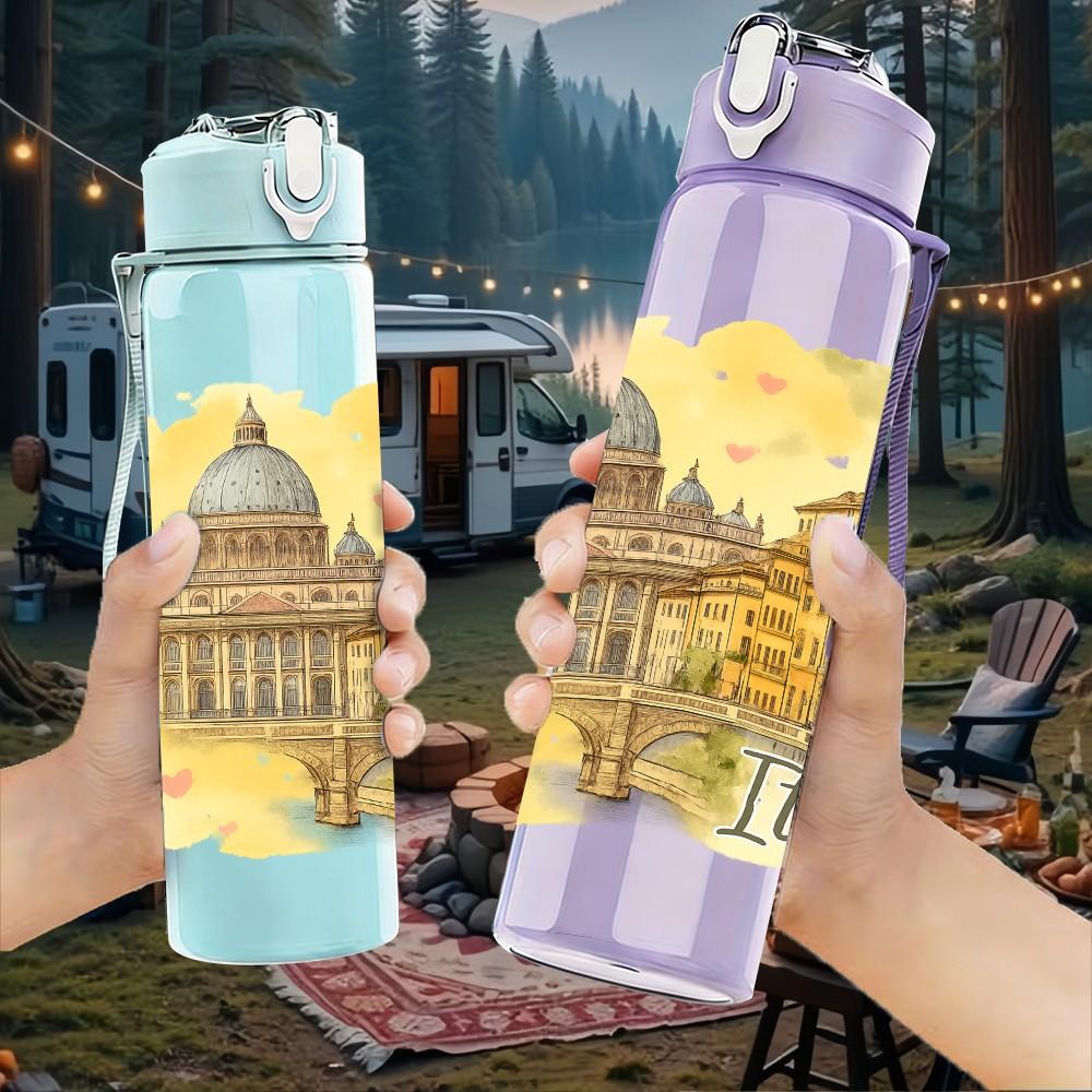 1PC Vatican Rome Building Watercolor 750ml Color Plastic Sports Water Bottle Leakproof Flip Straw Lid Suitable for Sports Office Home Use