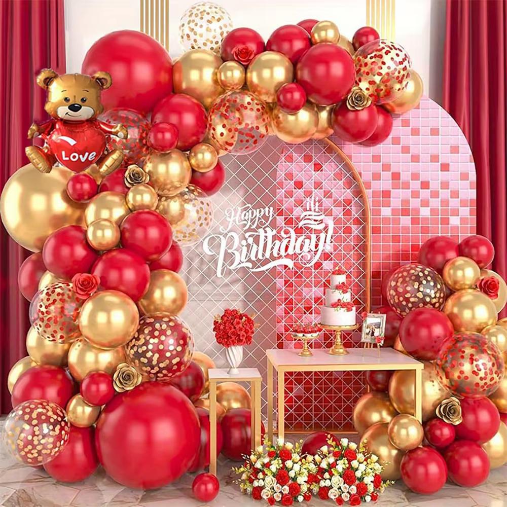 126PCS Golden and Red Metallic Balloons Arch Kit for Birthday Wedding Anniversary Valentine's Day New Year Celebr