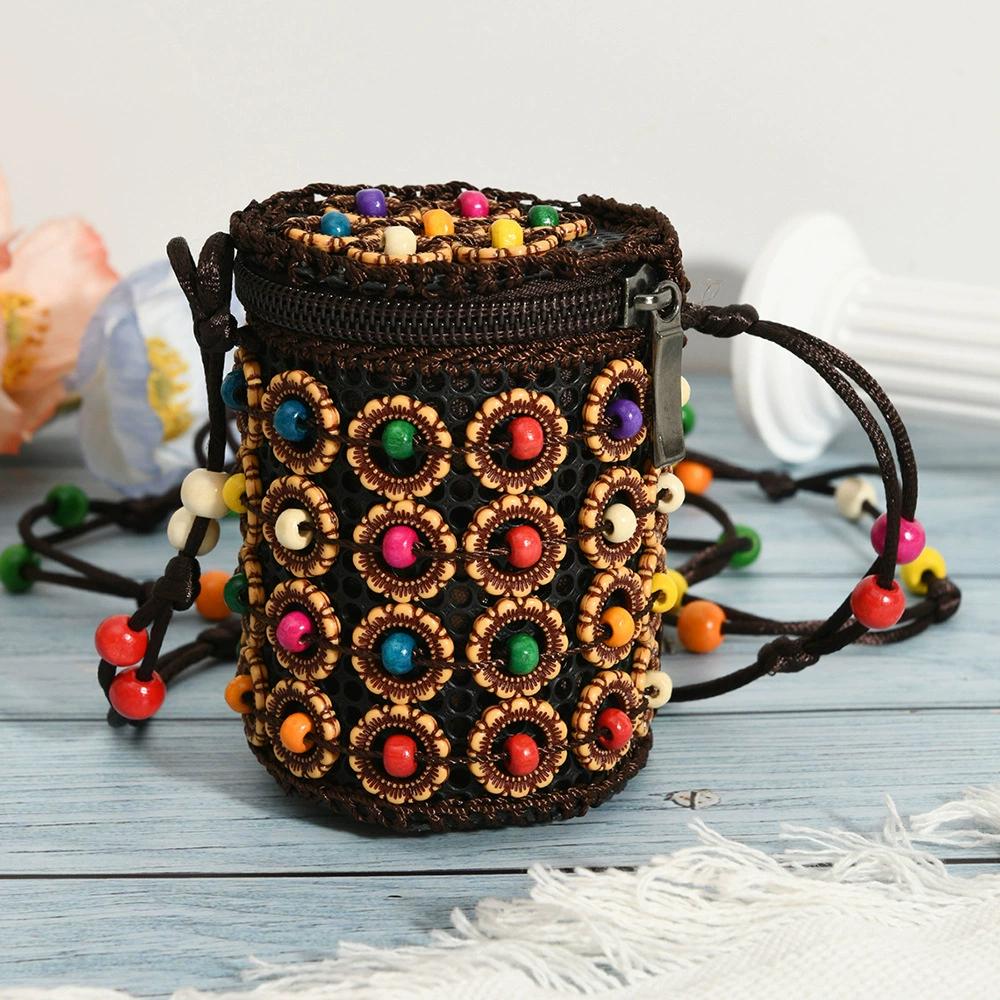 Portable Cloth Ethnic Style Crossbody Bag Retro Coconut Shell Handmade Weave Bag Vintage Handbag Bohemian Shoulder Bag Women
