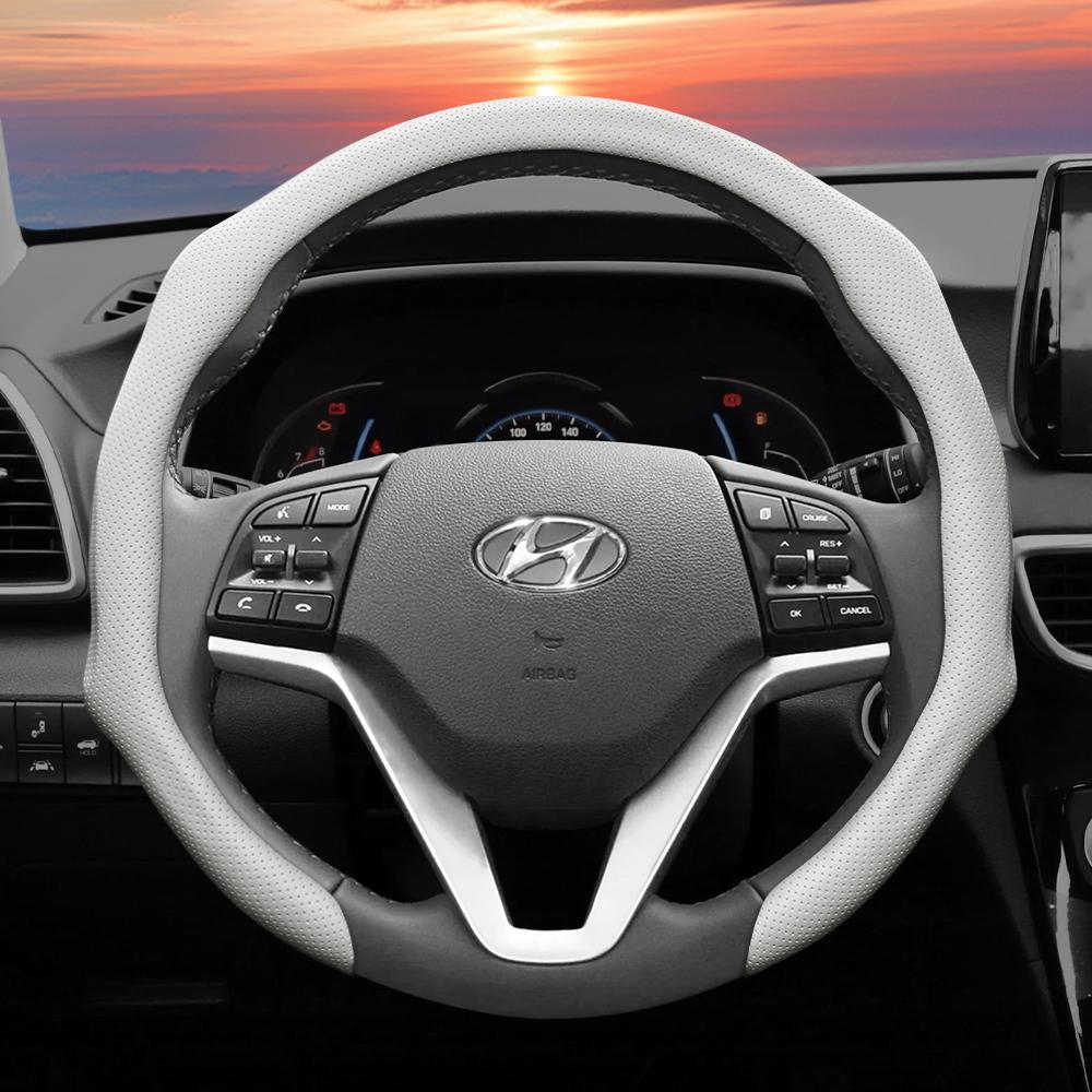 Подходит для Hyundai, Кожаная перфорированная накладка на рулевое колесо, Нескользящая, Впитывающая пот, Дышащая, Интегрированный защитный чехол Elantra N Sonata Ioniq
