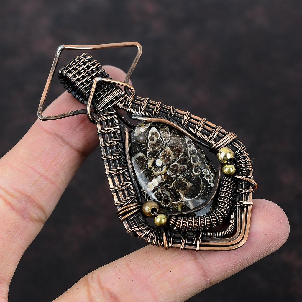 Подвеска из агата Turritella, подвеска из медной проволоки, подвеска из драгоценного камня, медные украшения, подвеска ручной работы, подарок на годовщину, ювелирные изделия, обмотанные проволокой