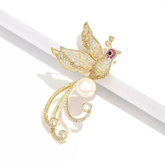 Simple Luxury Women Phoenix Shape Brooch Shining Rhinestones Inlaid Faux Pearl Suit Badge Electroplating Pin Outfit Accessories