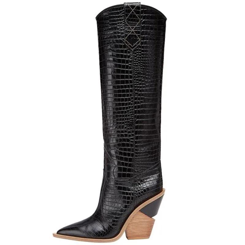 Европейская американская мода, новый показ мод, высокие сапоги с острым носком и текстурой дерева, сексуальные большие женские сапоги 2024 года