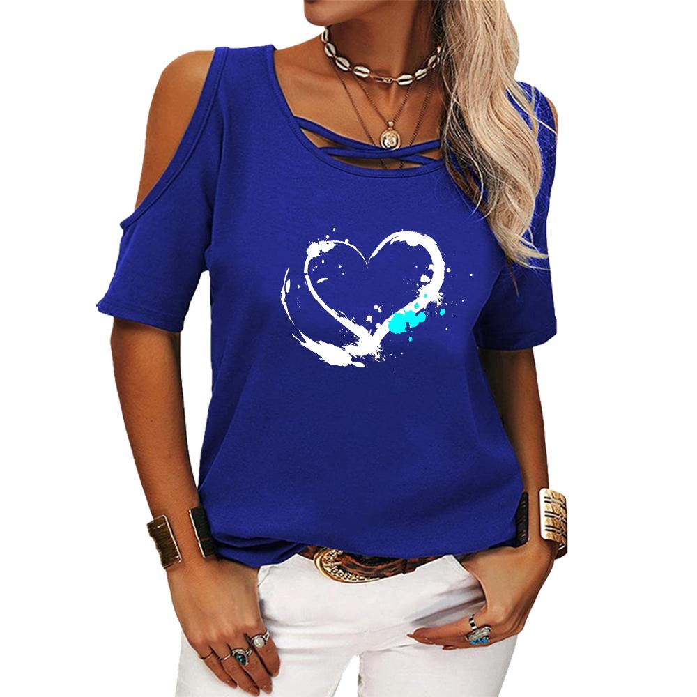 Women Fashion Off Shoulder T-shirt Ladies Casual O Neck Print Top Summer Short SleeveTee Shirt