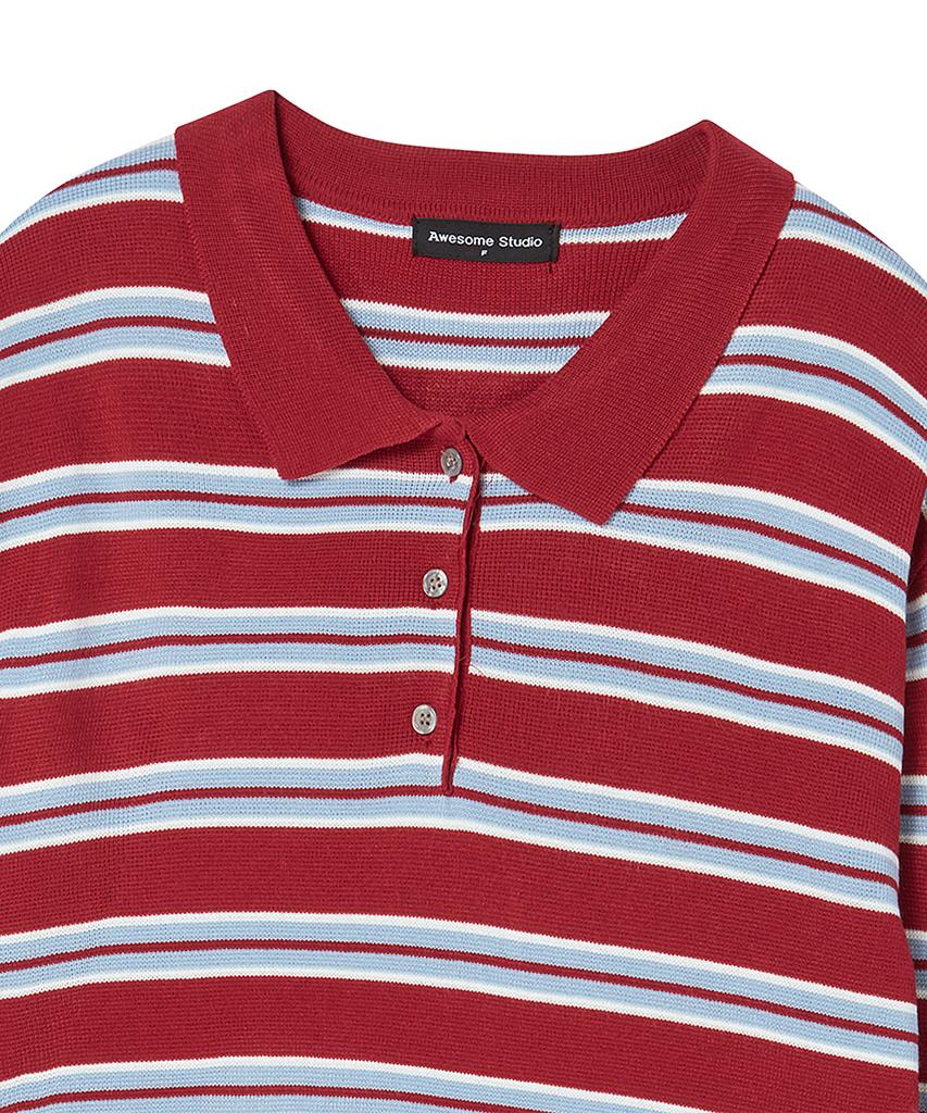 AWESOME STUDIO Multi-Stripe Collared Knit Burgundy