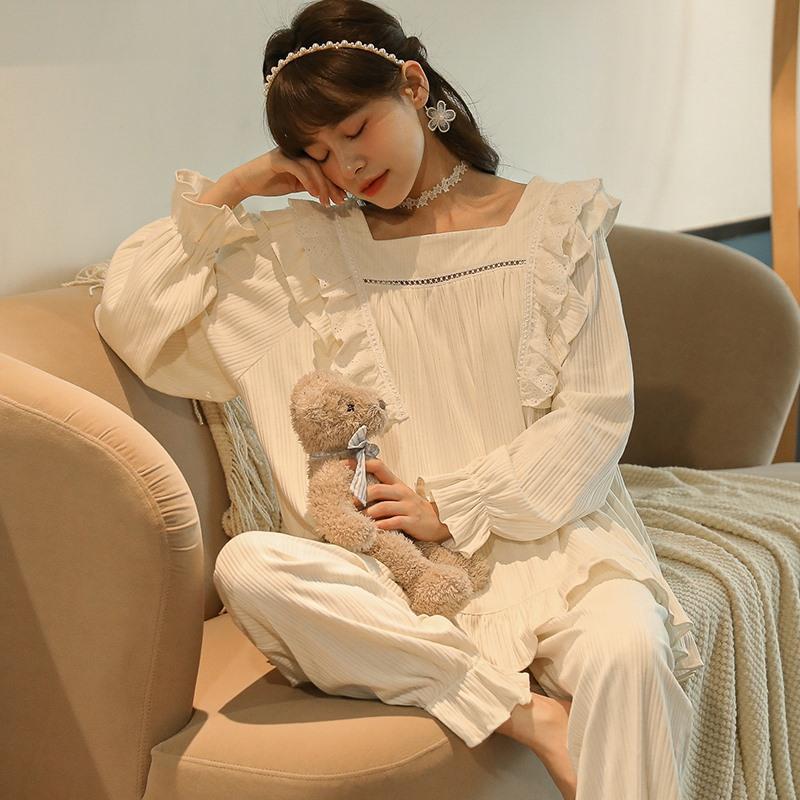 Autumn Winter Women Korean Temperament Retro Sweet Long-sleeved Cotton Pajamas Set Nordic Fashion Palace Style Princess Style Home Clothes