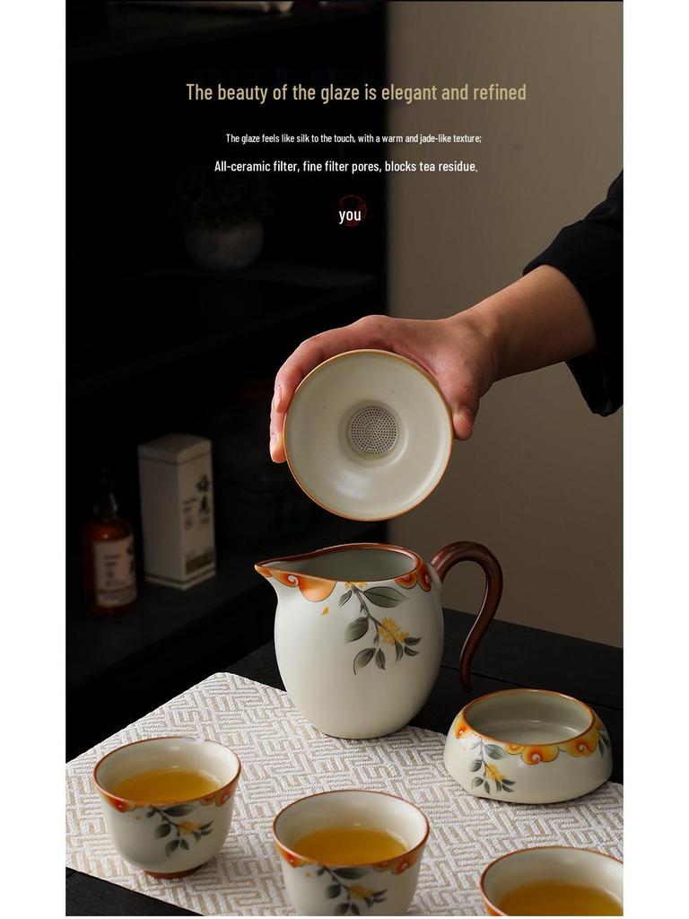 Beige Ru Ware Ceramic Kung Fu Tea Set: Teapot & Teacups in Gift Box for Holiday or Business Souvenir