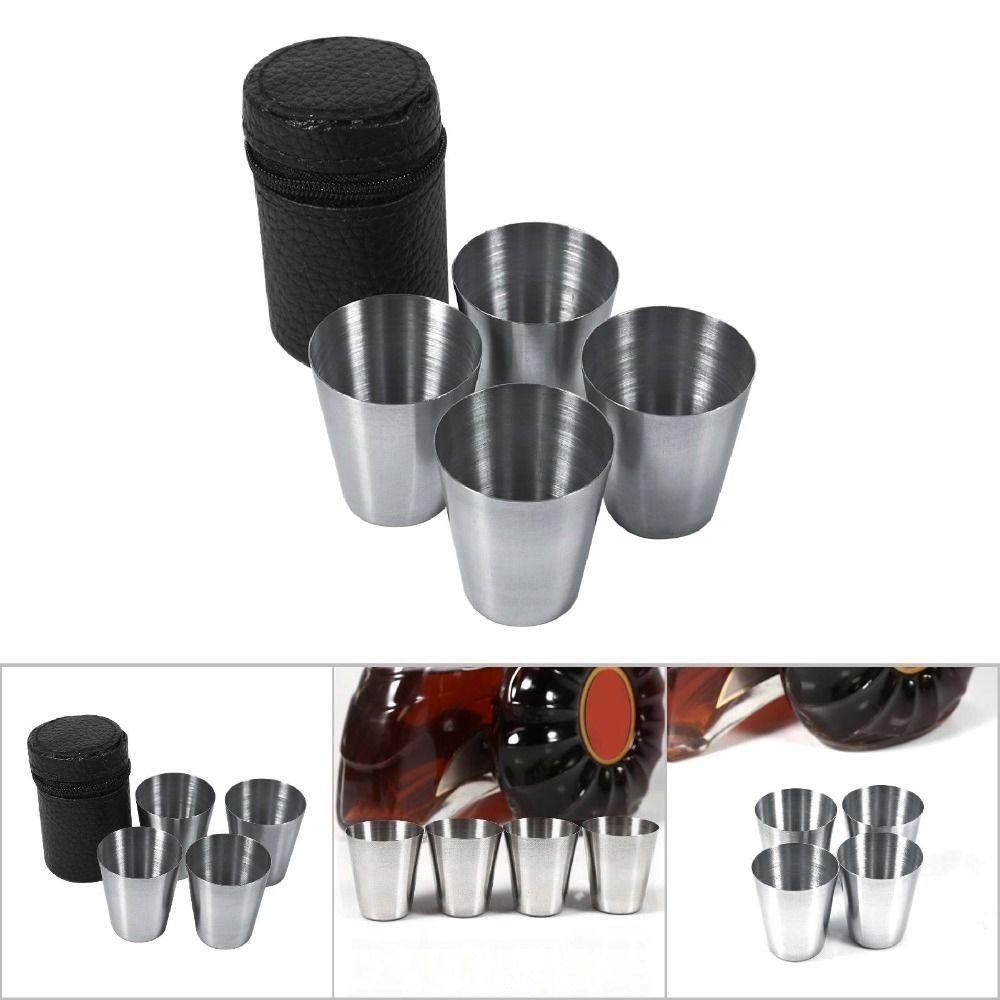 4pcs Stainless Steel Portable Tea Cup Black PU-Leather Case Whiskey Tumbler Cups Travel Use