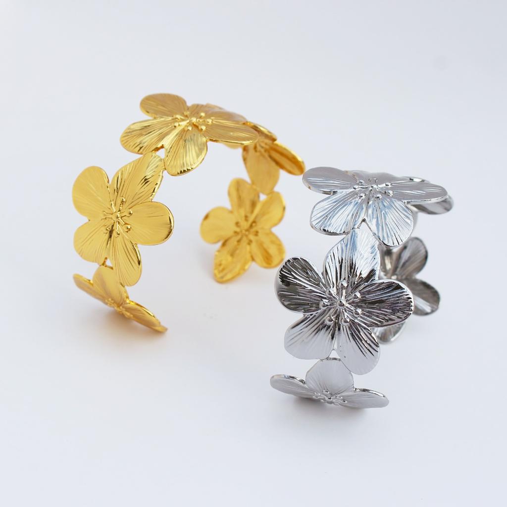 Copper Plated 24k Real Gold Exaggerated Wide Version Flower Opening Bracelet Arm Ring Accessories 888