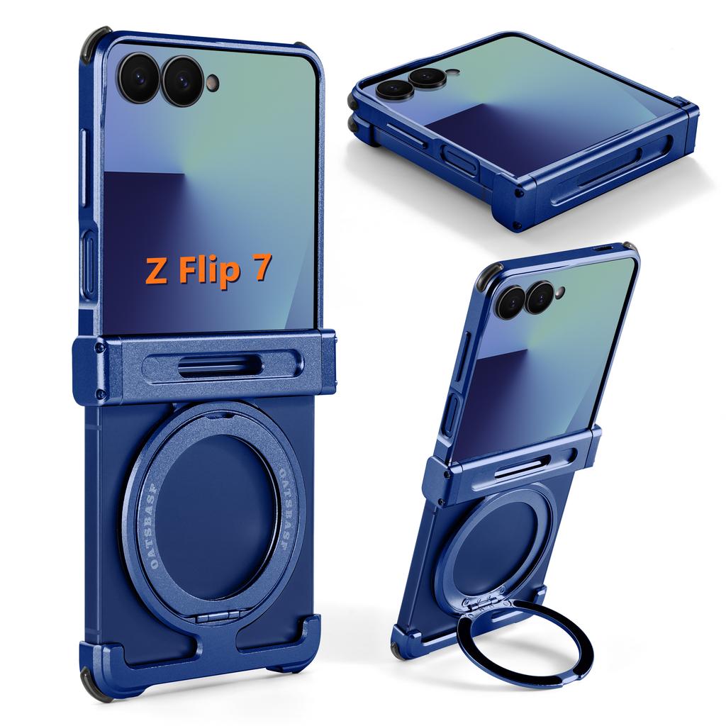 Чехол Eary для Samsung Z Flip 7 с поддержкой MagSafe, алюминиевый, металлический, с магнитной подставкой, вращающейся на 360°, подставкой-ножкой, безрамный, противоударный бампер