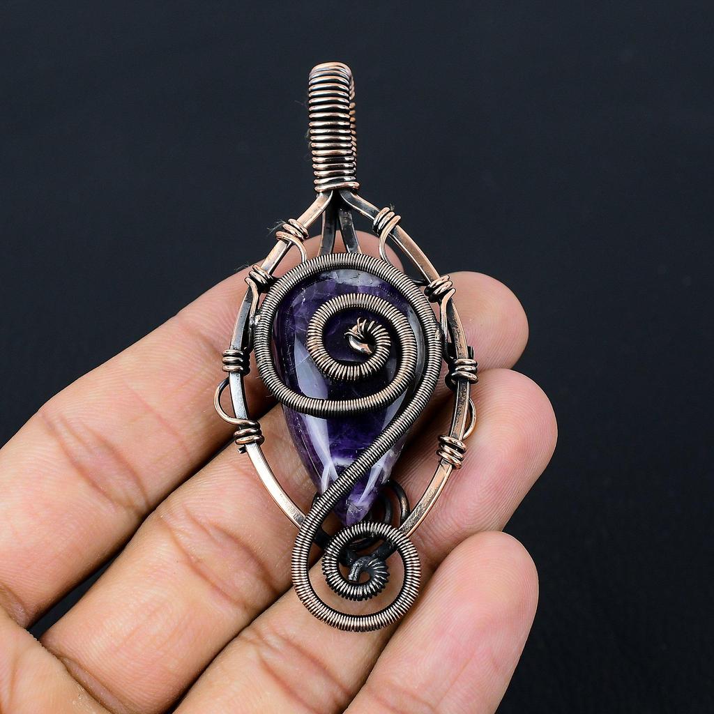 Sage Amethyst Gemstone Pure Copper Wire Wrapped Handmade Pendant Jewelry
