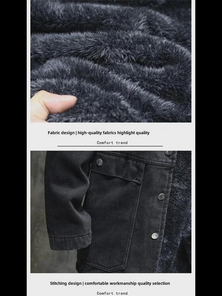 Мужская зимняя джинсовая куртка с капюшоном - плюшевая подкладка, свободный крой, средняя длина, модная ветровка