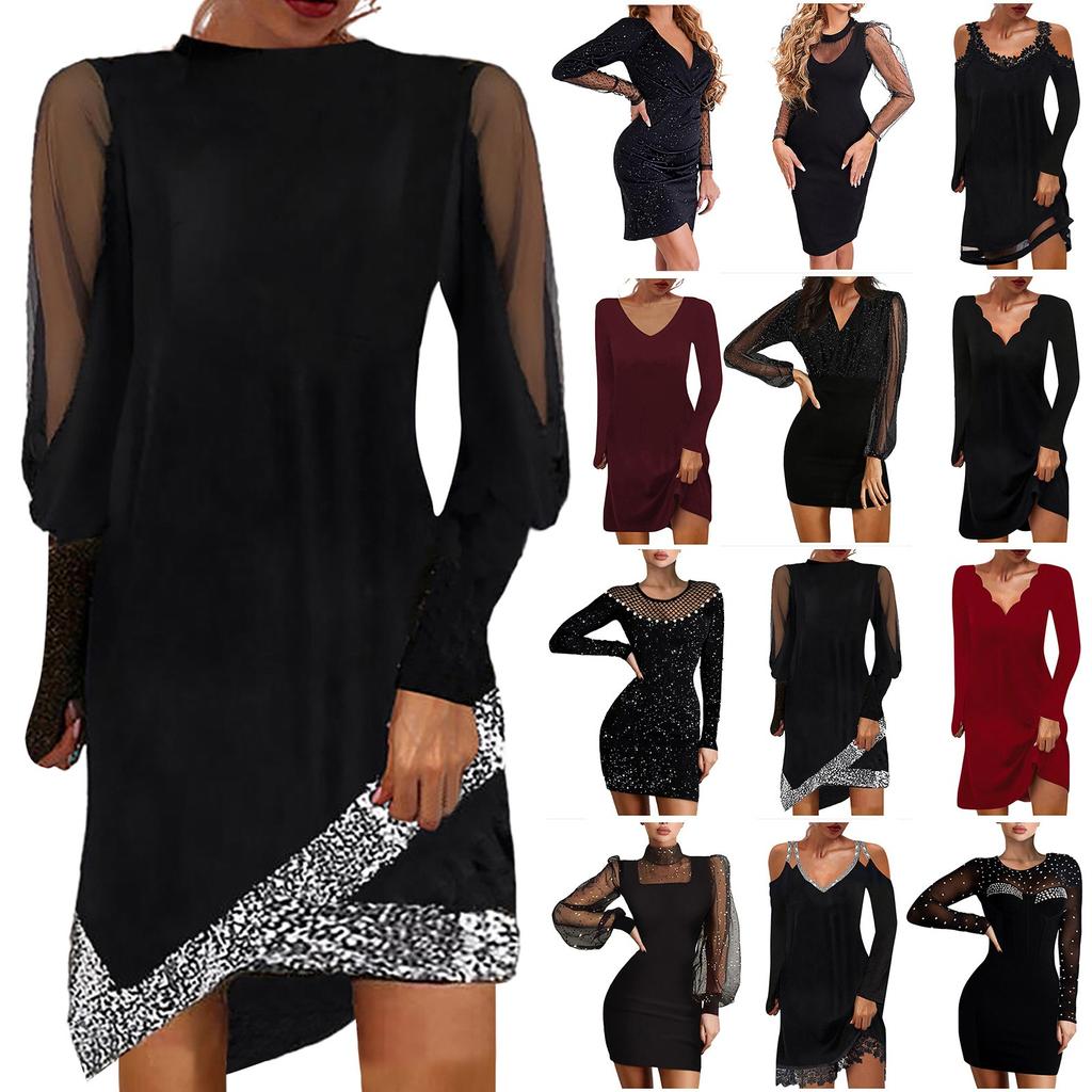 Женское модное кружевное сетчатое платье с блестками в стиле пэчворк с длинным рукавом и круглым вырезом