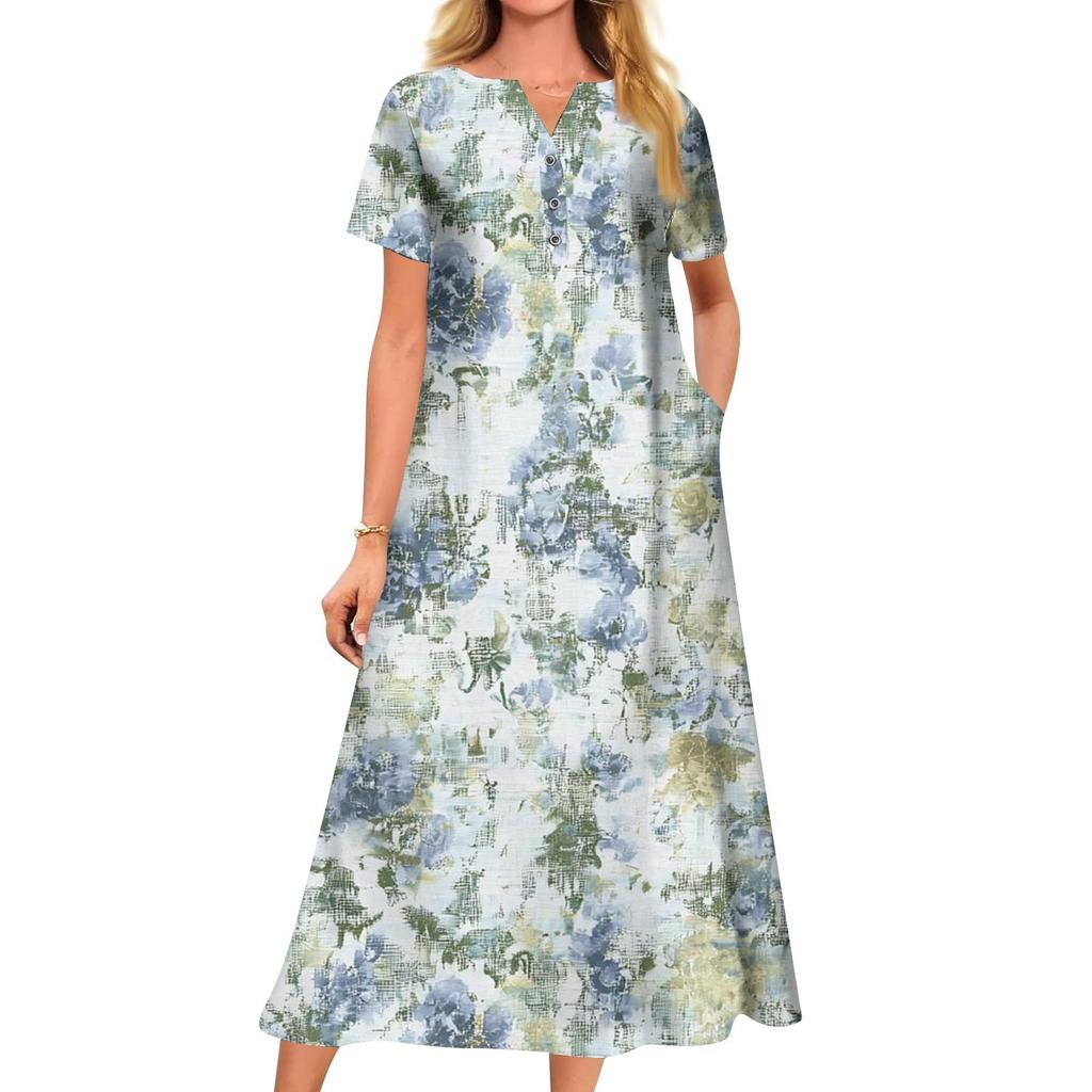 Женское летнее платье свободного кроя с принтом, V-образным вырезом и короткими рукавами