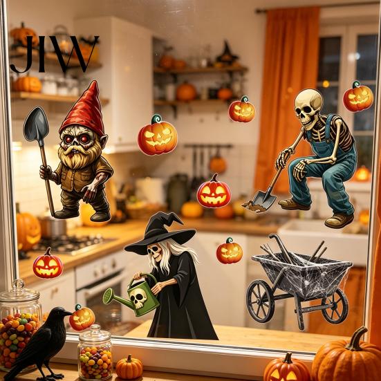 Removable Seasonal Wall Clings Halloween Sticker, Pumpkin Witch Skeleton Printed, Self-adhesive Waterproof Decals PVC Decals, for Autumn Harvest Farm