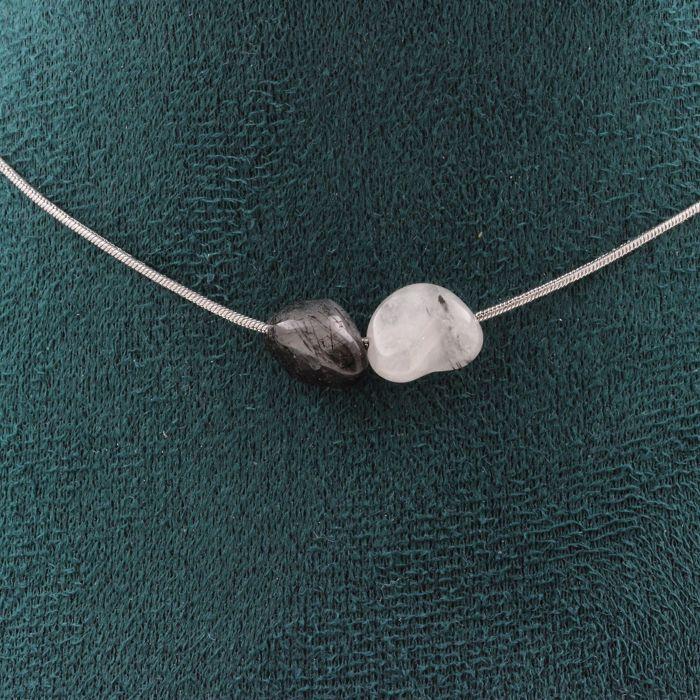 Stones and Minerals. Necklace 2 Beads Quartz with Tourmaline Inclusions from Brazil Chain In Necklace Women, Men. Custom Size