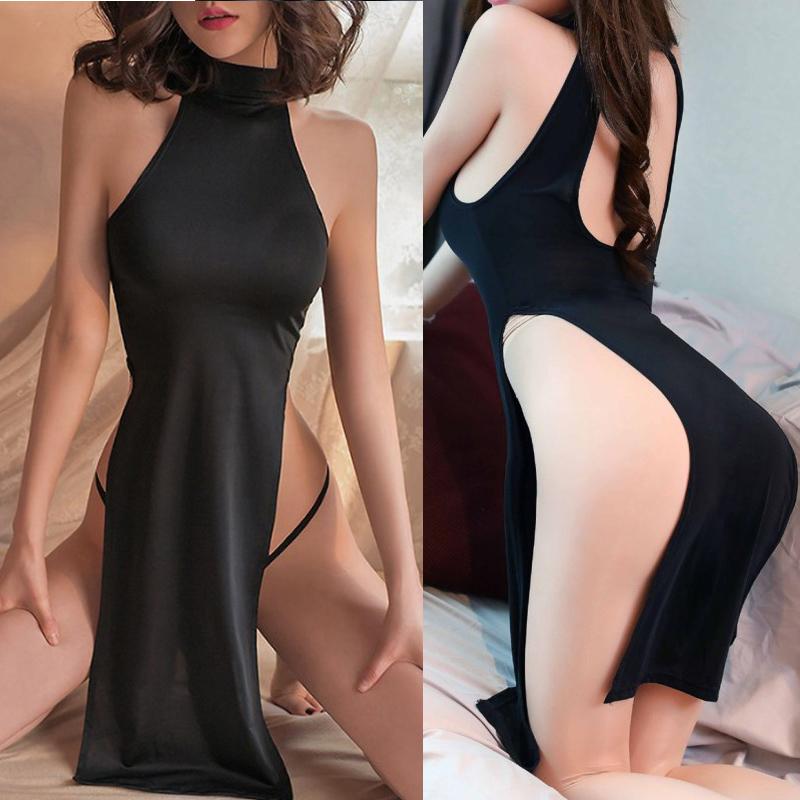 Women Slit Night Dress Sleeveless Backless Porno Pajamas Transparent Erotic Slim Nightwears+Thongs Sexy Short Mini Dresses