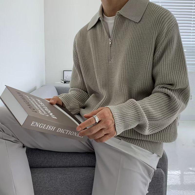 Men's Autumn/Winter Japanese-Style Half-Zip Lapel Sweater - High-End, Loose, Casual.