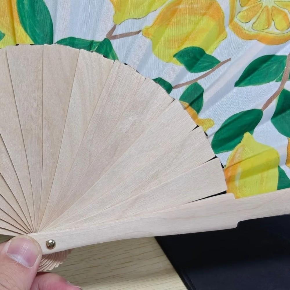 Wooden Handle Folding Hand Fan Lemon Print Hand Cranked Fan Lightweight Handheld Fan Photography