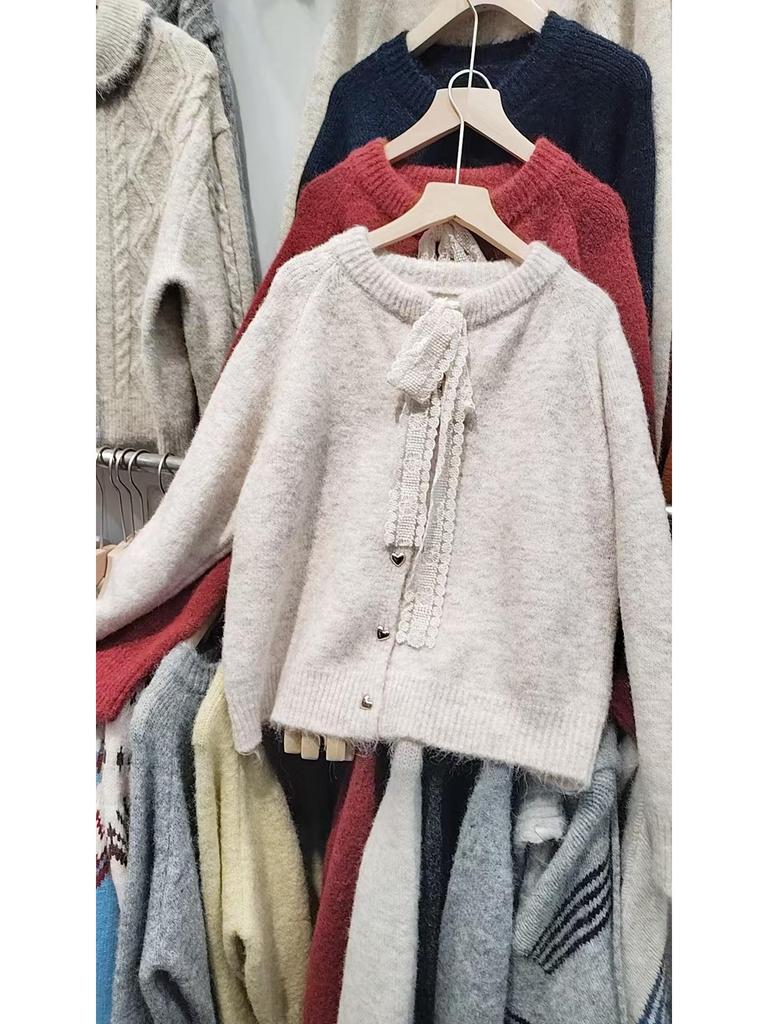 Korean Style Lace-Up Round Neck Sweater Coat - Women's Autumn/Winter Loose-Fit Knitted Cardigan