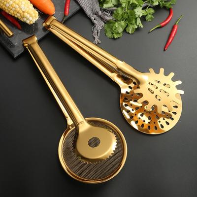 Золотистая сетчатая ложка-щипцы из нержавеющей стали для еды, дуршлаг для жарки масла, щипцы для стейка, барбекю, ложка-фильтр, дуршлаг, кухонная утварь
