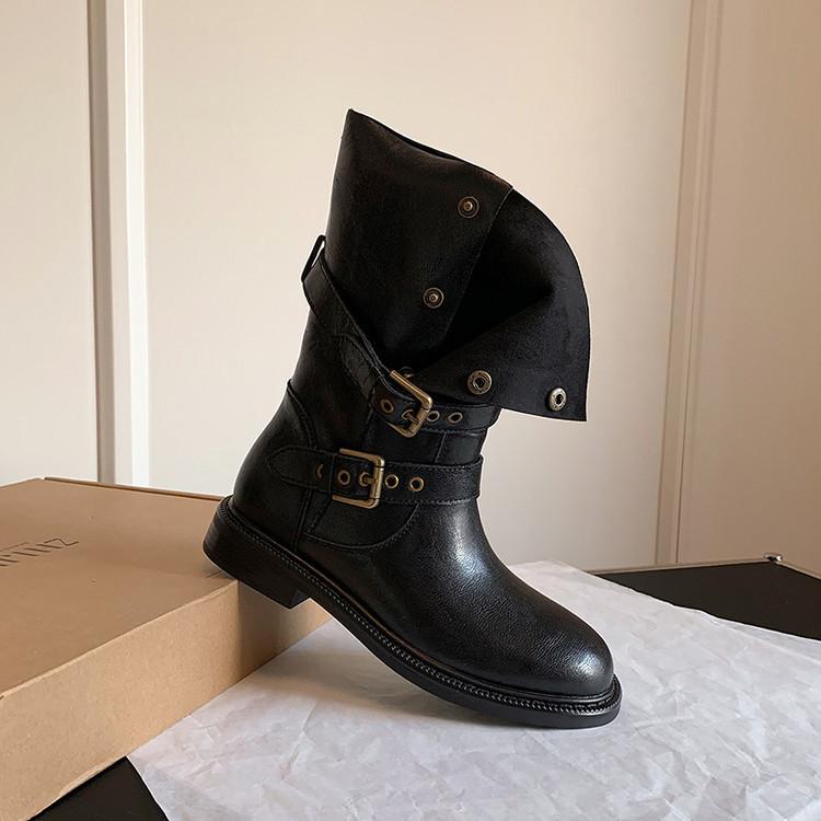 Spice Girl Wastestyle Belt Buckle Western Boots Women's Fold Pile Boots 2025 New Knight Boots Vintage Martin Boots