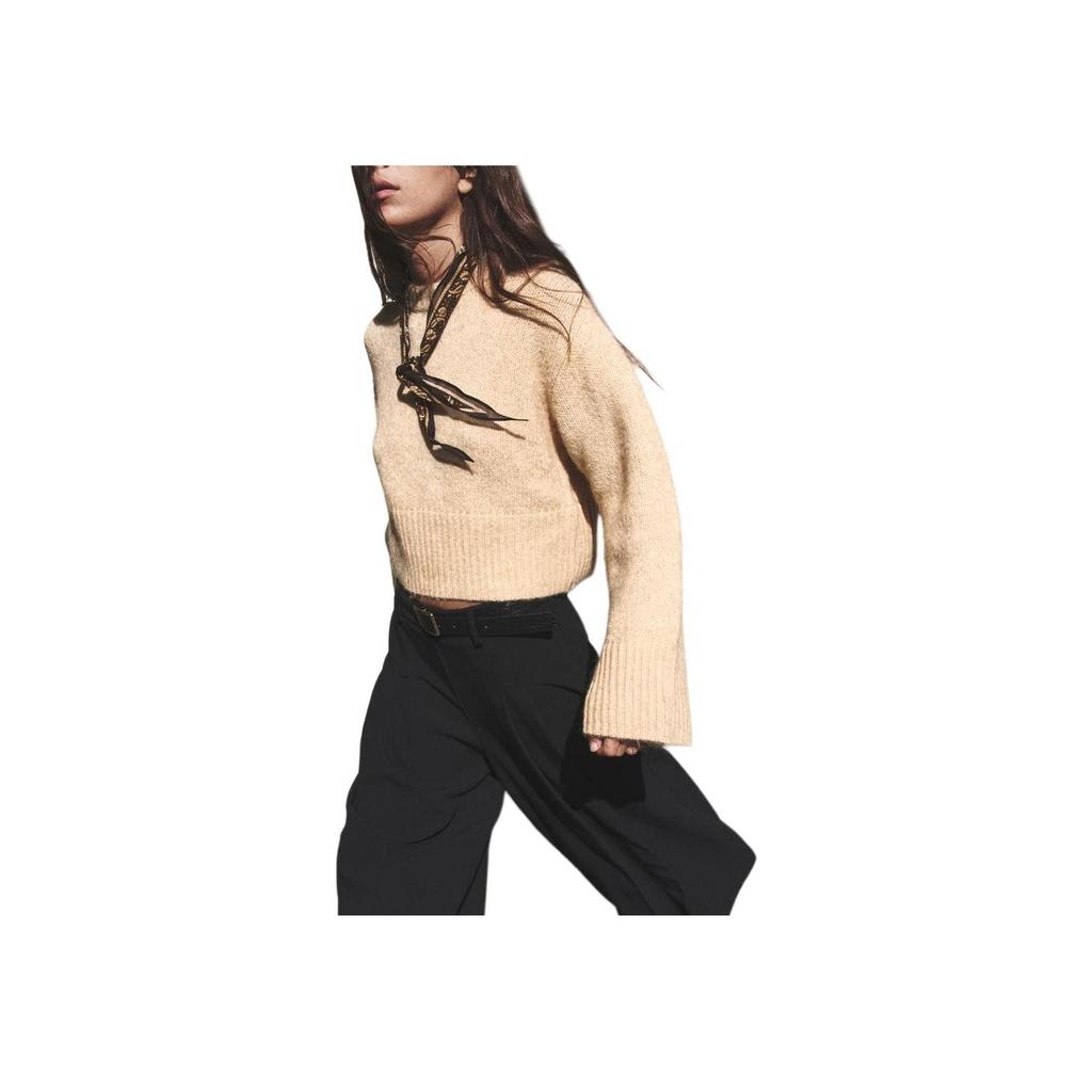 Zara Минималистичный облегающий удобный свитер с круглым вырезом и коротким рукавом, женский свитер бежевого цвета 09598169-35