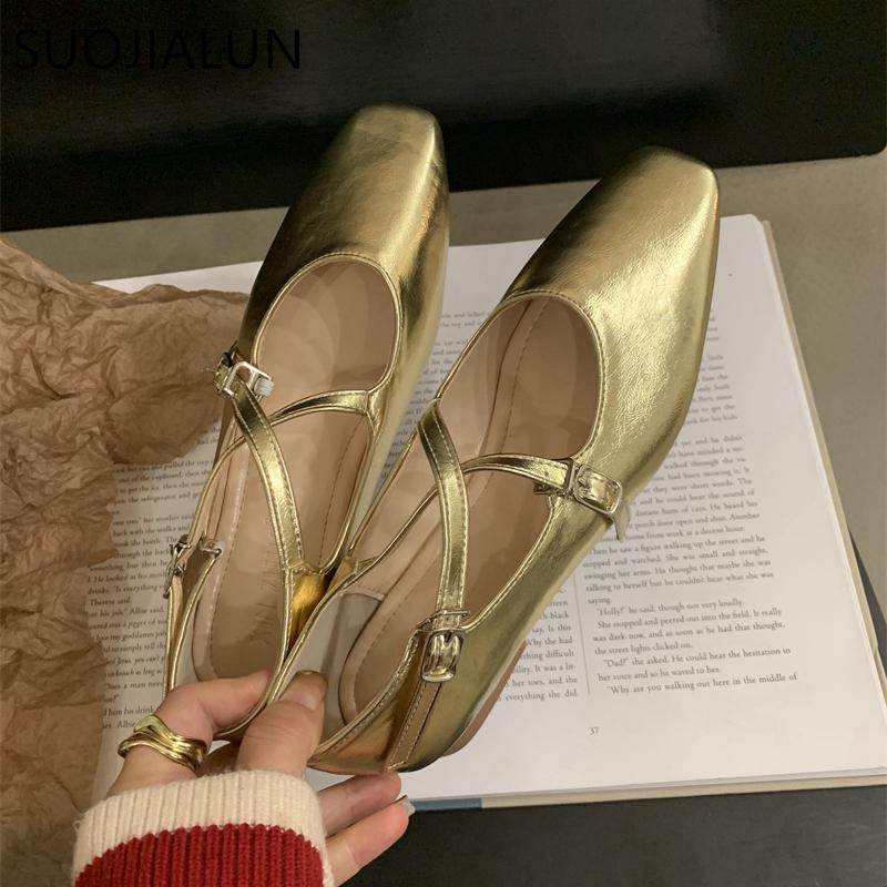 Fashion SUOJIALUN Spring New Women Flat Shoes Fashion Gold Ladies Round Toe Sahllow Ladies Elegant Mary Jane Shoes Soft Dress Ballerinas
