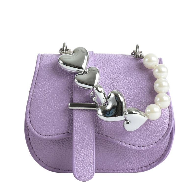 Trendy Mini Handbag 2024 Spring Pu Material Street Fashion Chain Shoulder Crossbody Bag Beaded Heart Stitching Line