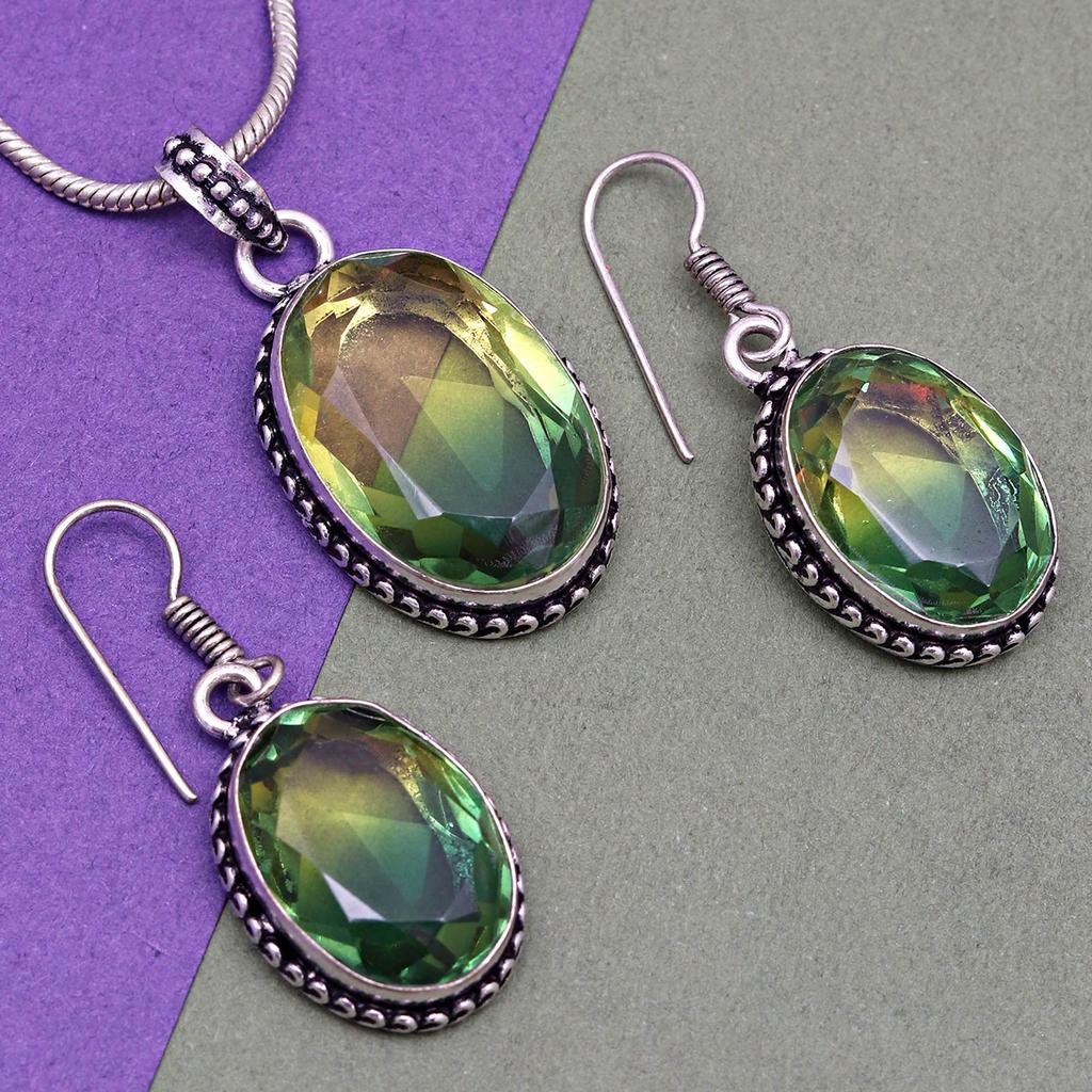 Green Tourmalinne Gemstone Mother's Day Jewelry Pendant Earring Set