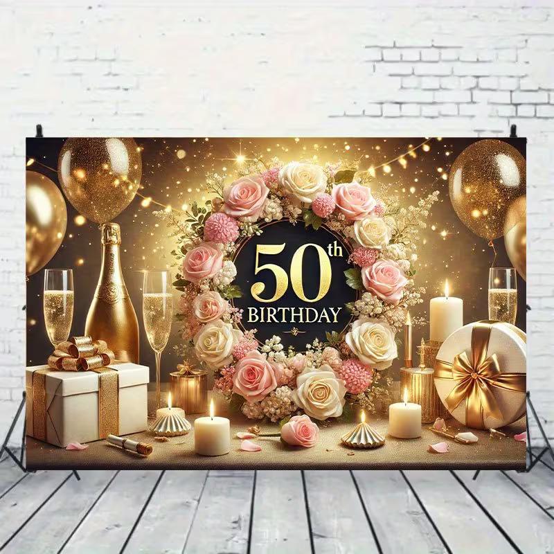 2D Elegant 50th Birthday Photography Backdrop, Rose Gold Floral Background