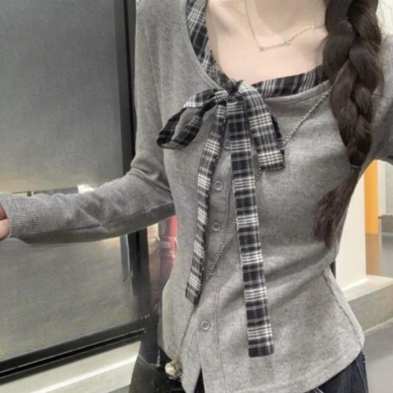 Женский кардиган с бантом, корейский стиль, V-образный вырез, вставки из кружева на шнуровке, однобортный, женский свитер, осенний модный свободный удобный женский топ