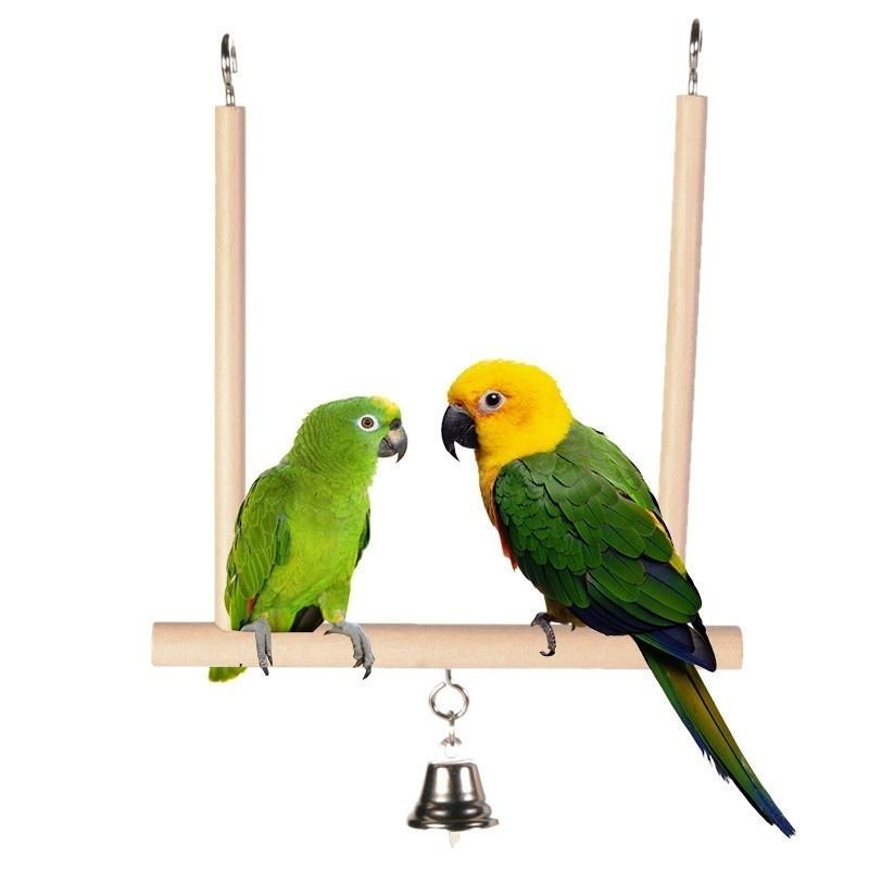 Bird Perch Parrot Play Toys Stand Holder Natural Wooden Swing Bell Cage Hanging