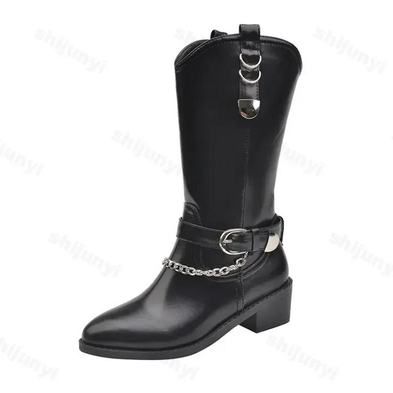 Готическая женская обувь, ковбойские сапоги в стиле вестерн, новинка 2025 года, дизайнерские туфли на массивном каблуке с цепочкой, острый нос, металлическая пряжка, трендовые сапоги до середины голени