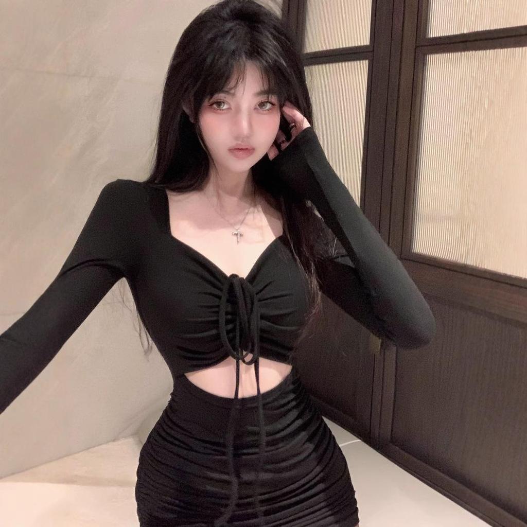 2025 Весна и Осень Французское Ретро Сексуальное Облегающее Платье на Кулиске для Женщин