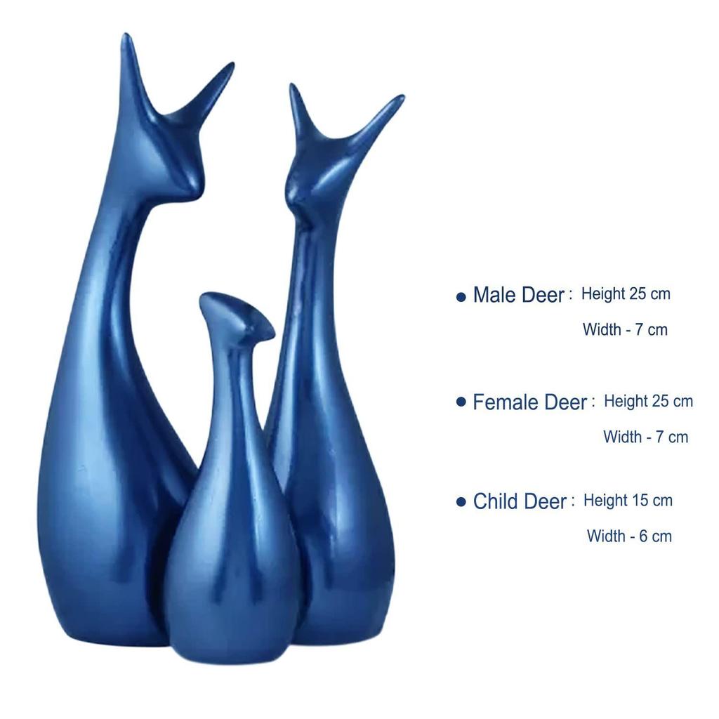 Керамическая фигурка Lucky Deer Family Home Decor цвета матового металлика приглушенного синего цвета | Впервые выпущена в Индии - (Набор из 3 шт., синий)